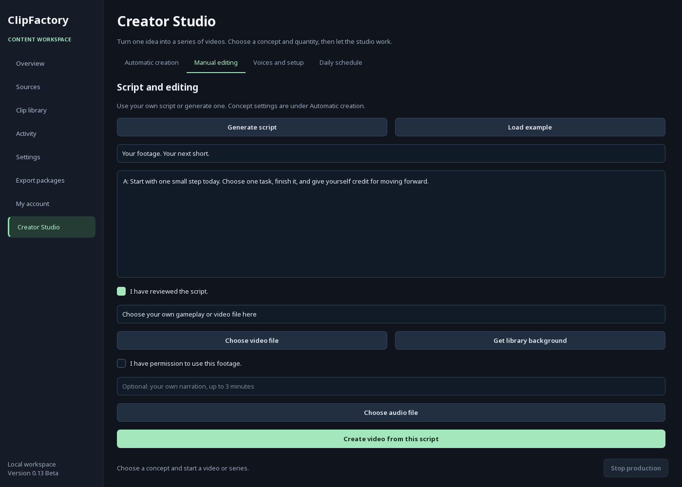 Actual ClipFactory Manual editing interface with illustrative script and file-selection text