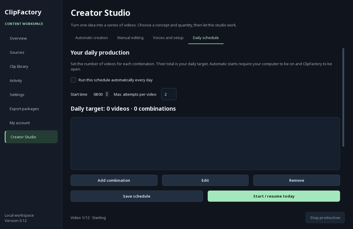 Actual English daily schedule controls inside ClipFactory